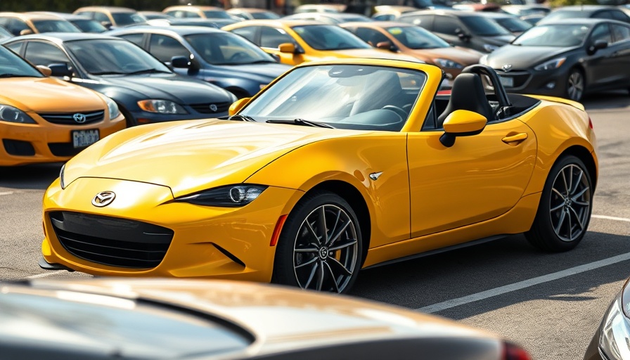 Yellow Mazda Miata designed by Tom Matano in car lot.
