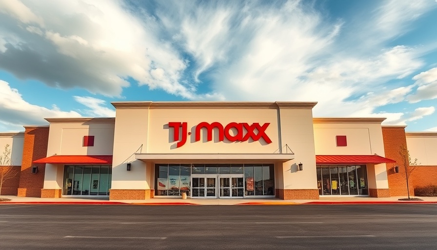 Vibrant TJ Maxx storefront under blue sky, highlighting the shopping experience.