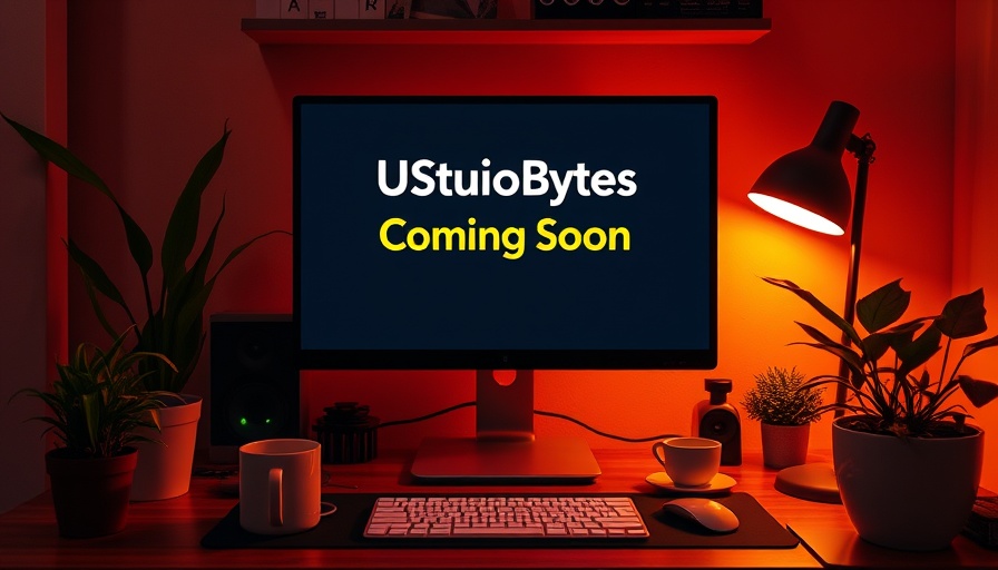 Modern workspace with 'UStudioBytes Coming Soon' on screen in warm ambient light.