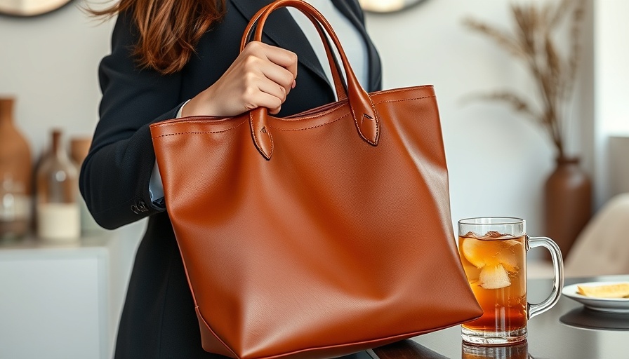 Stylish woman with leather tote and floral mug, luxurious products under $25.