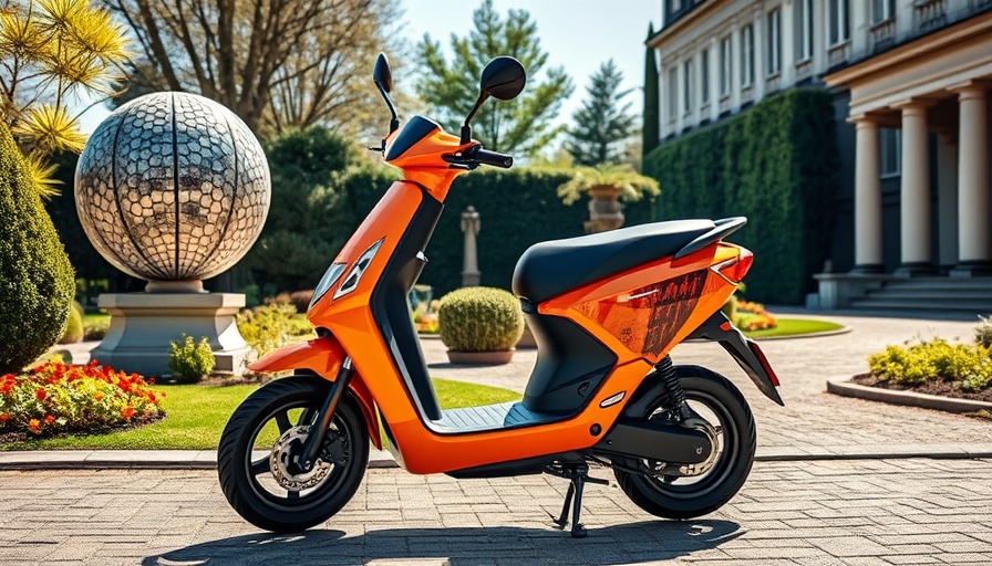 Dash 3 Electric Scooter in elegant garden with sculpture.