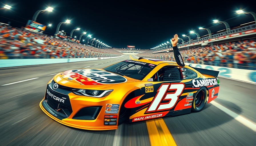 NASCAR Xfinity Round-of-8 Win celebration, dynamic race car, crowded track.
