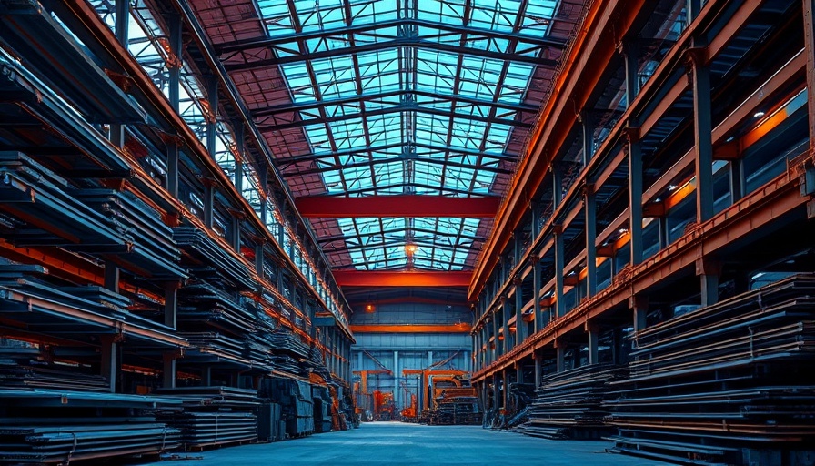 Steel fabrication warehouse showcasing precision with beams and girders.