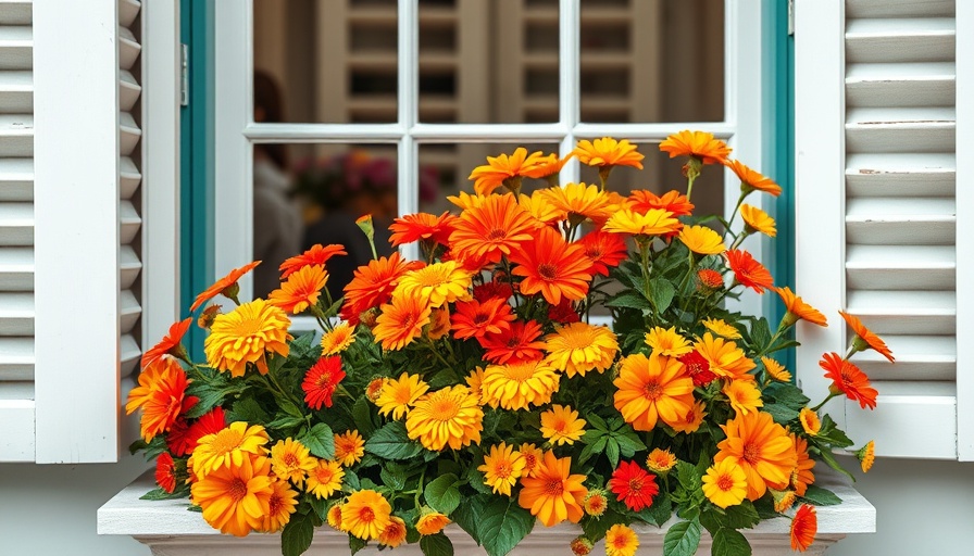 Vibrant window box garden with orange and yellow flowers.