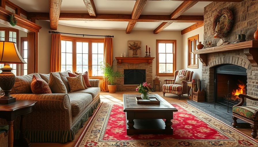 Using quilts and textiles, enhance country décor with cozy living room.