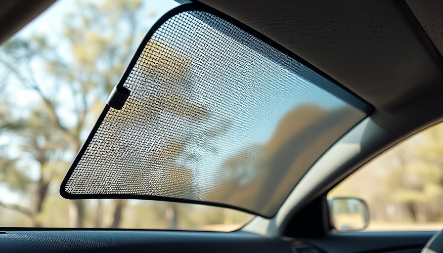 Car window with a mesh sun shade installed, exterior view, sunny day.