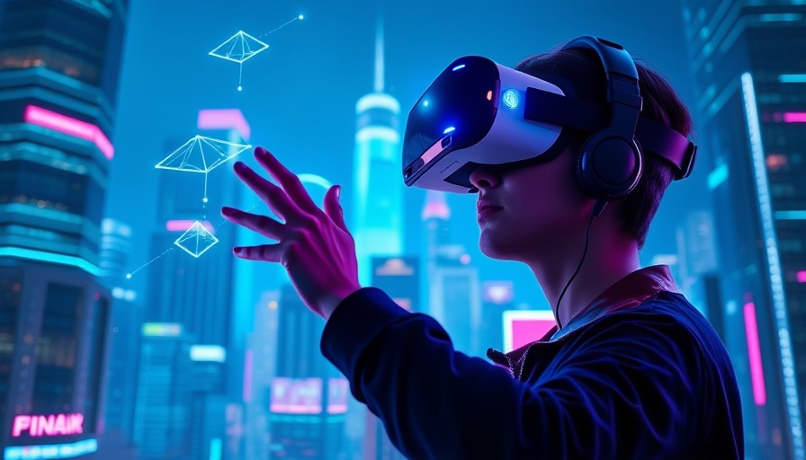 Futuristic cityscape with AI automation theme, featuring VR interaction.