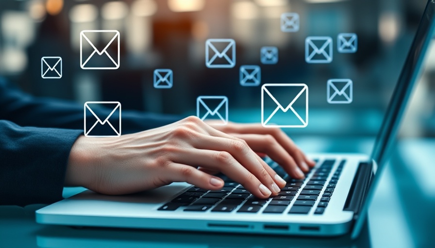Hands typing on laptop with digital email icons, showcasing effective cold emailing strategy.