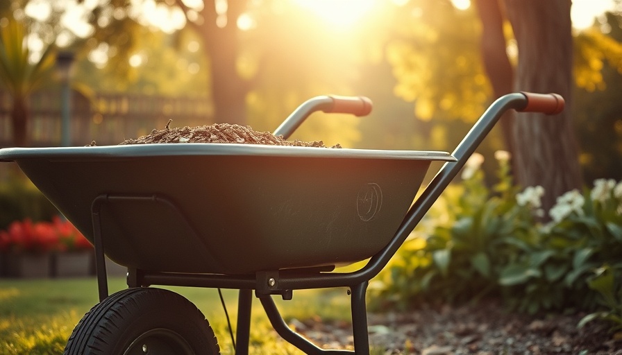 Motorized wheelbarrow in action in a garden setting.