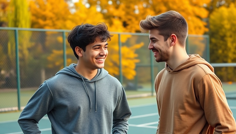 Two young men talking outdoors, emphasizing youth interaction and casual engagement.