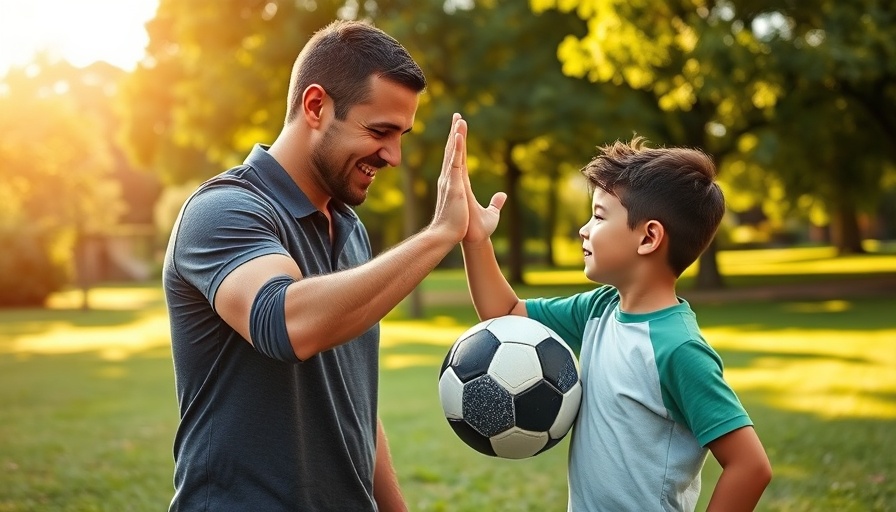 Father supporting son in sports with a high-five in park.