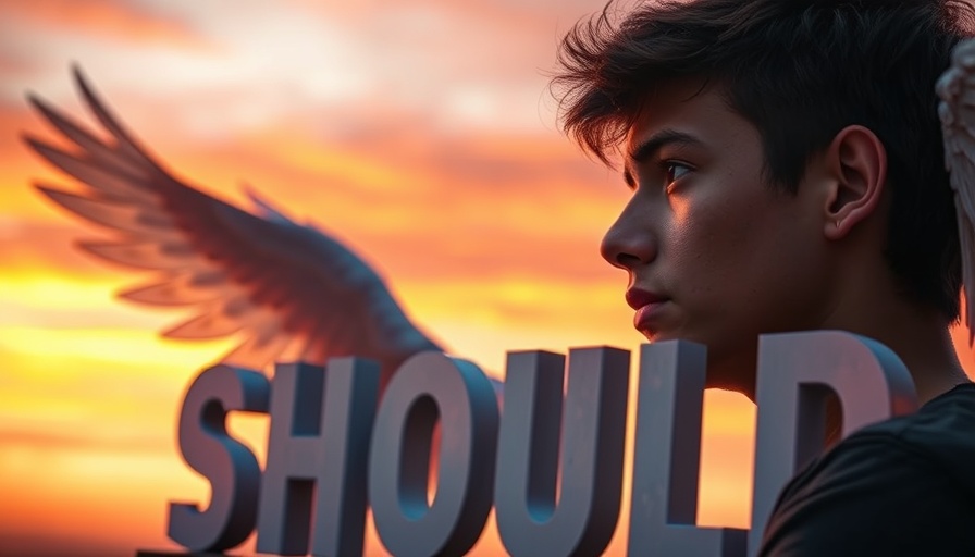 Grieving unmet expectations visualized as a young man reaching for 'SHOULD' at sunset.