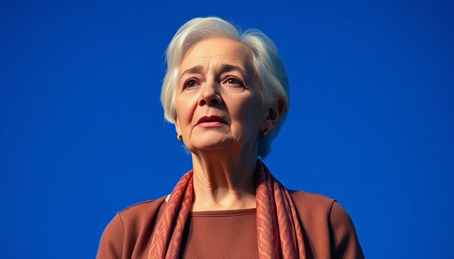 Elderly woman speaking, wearing blue shawl, blue background, Jane Goodall legacy.