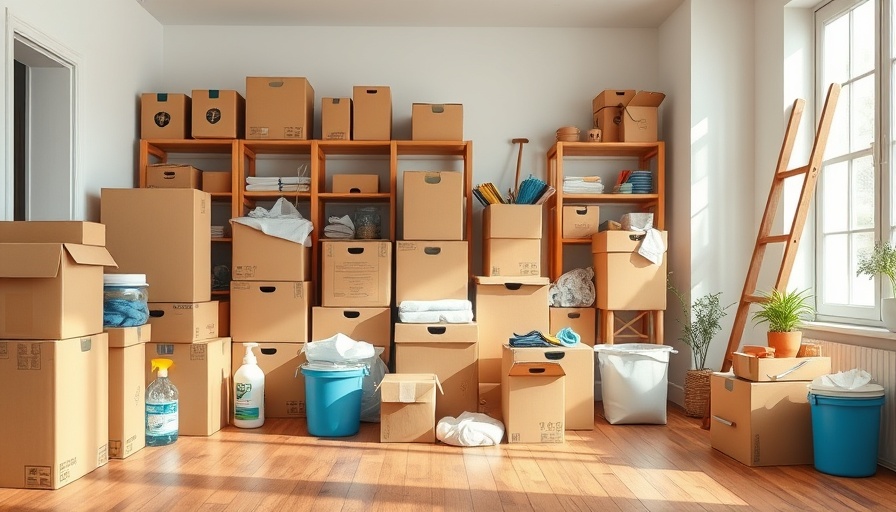Moving boxes and cleaning supplies ready for deep clean before moving into a new house.