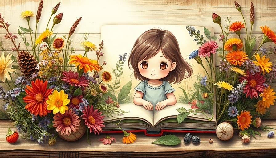 Illustrated book promoting fostering children's education through nature, surrounded by herbs.