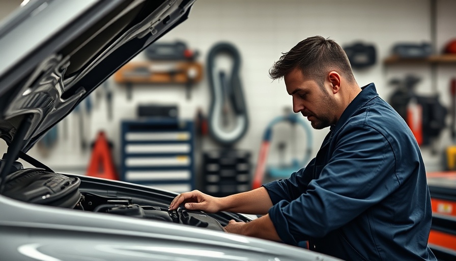 Auto repair scene with mechanic under car hood.