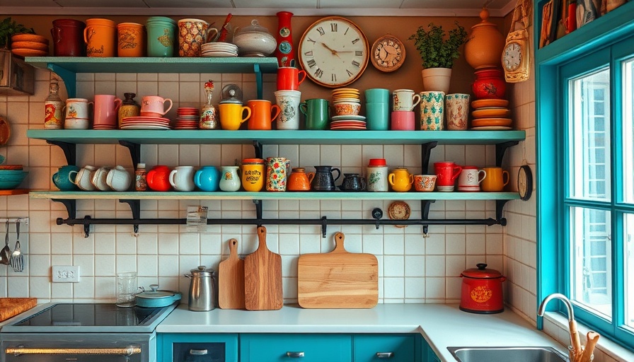 Eclectic kitchen design with colorful open shelving decor.