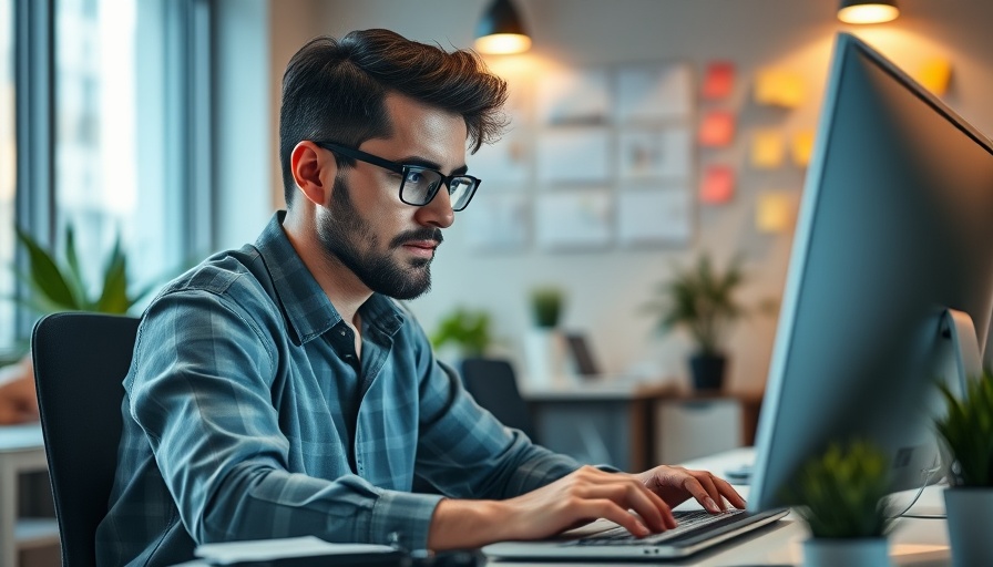 Man focused at work desk with sticky notes, overcoming boredom at work.