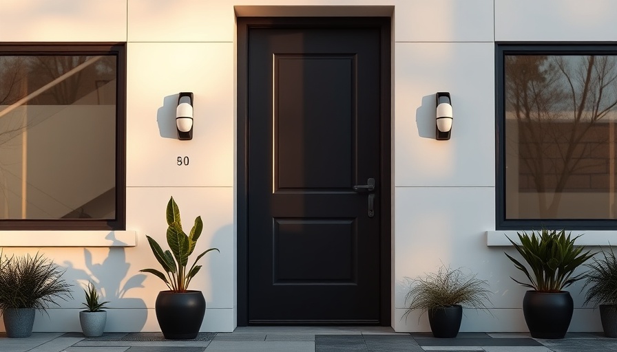 Dark front door with white frame, open to a modern entryway.