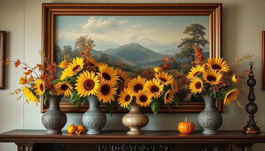 Rustic fall floral arrangements with sunflowers on mantel.