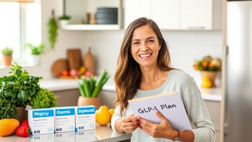 Confident woman smiling with GLP-1 weight loss results in modern kitchen.