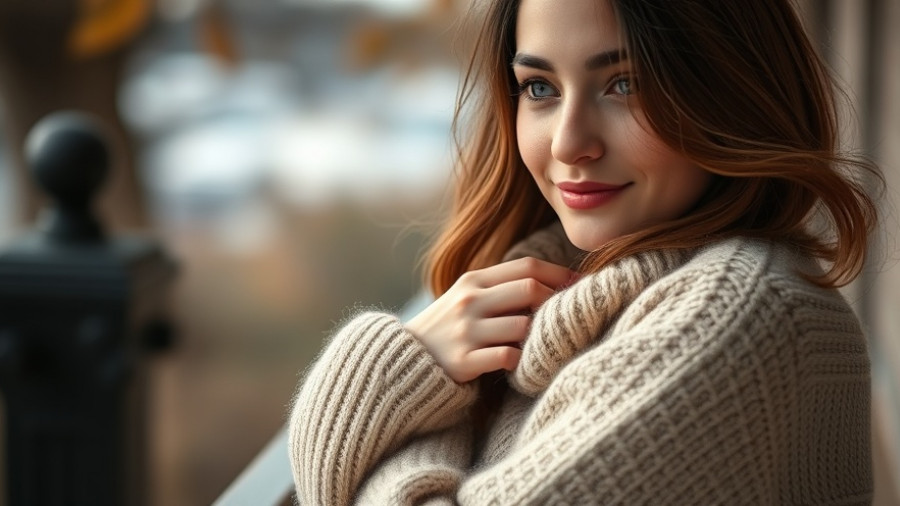 Woman in cozy sweater enjoys autumn outdoor setting.