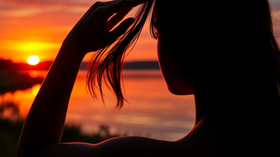 Silhouette of woman at sunset, serene lake backdrop.