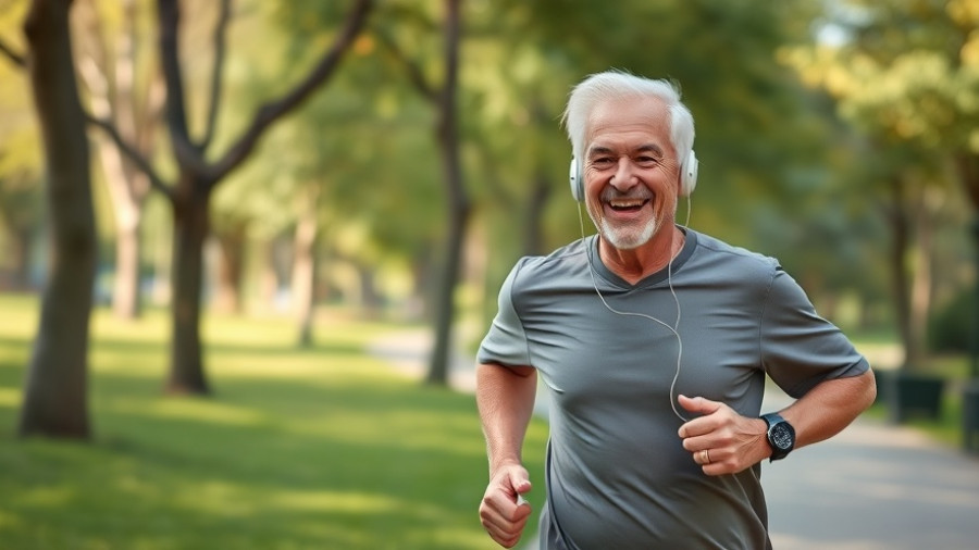 Energetic older man jogging in park, promoting Men's Health Emsculpt Neo Core to Floor workout.