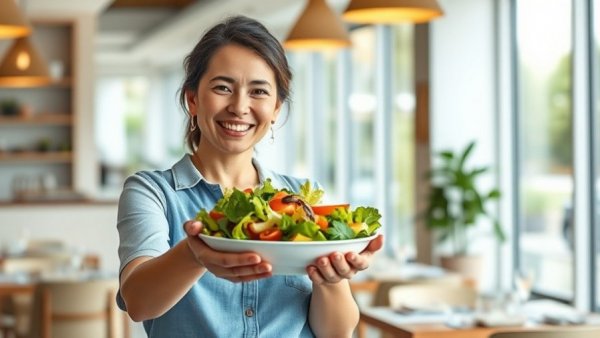 Smiling woman sharing salad in bright dining area, Healthy Holiday Helpings.
