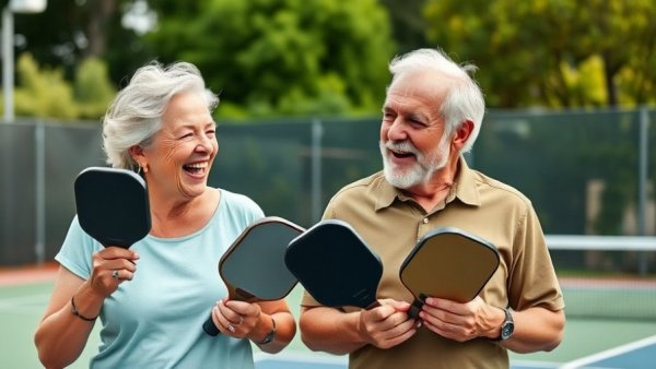 Older couple on pickleball court preventing injuries by enjoying game.