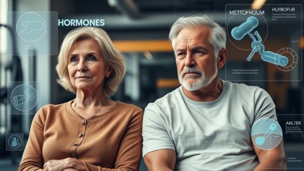 Middle-aged couple considers hormones and metabolism in a gym, why eating less isn’t working.