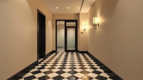 Modern hallway in building with checkered floor and glass door, Skin by Lovely Portland moving.