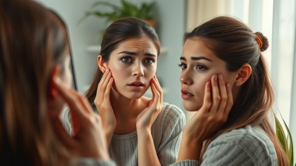 Young woman concerned about skincare over-treatment signs in mirror.