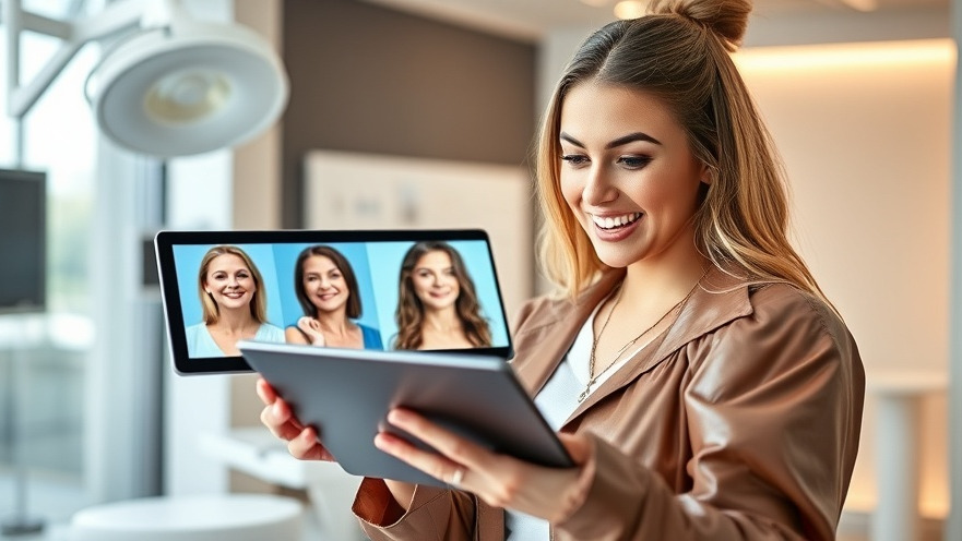 Beautiful woman amazed by patient transformation photos for plastic surgery expectations.