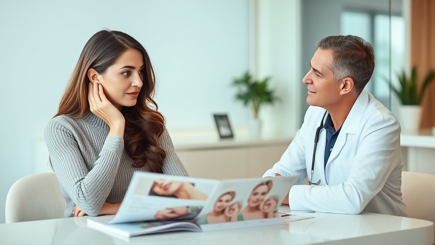 Beautiful woman consulting about aesthetic surgery options in a modern clinic.