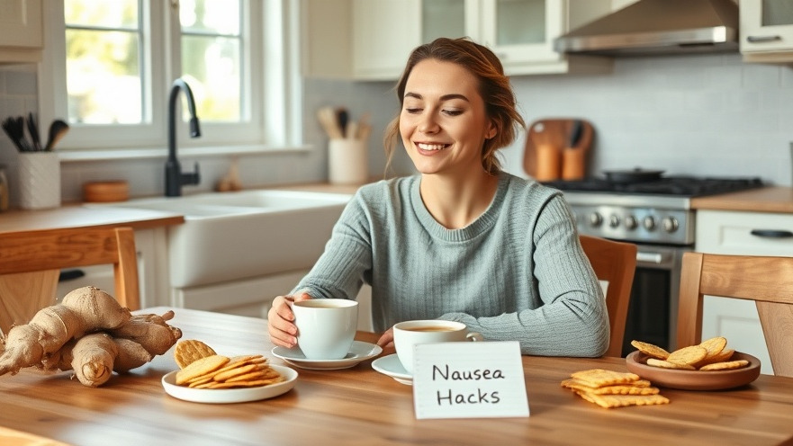 Woman sipping herbal tea at a kitchen table with 'Nausea Hacks' notepad, exploring GLP-1 medications nausea.