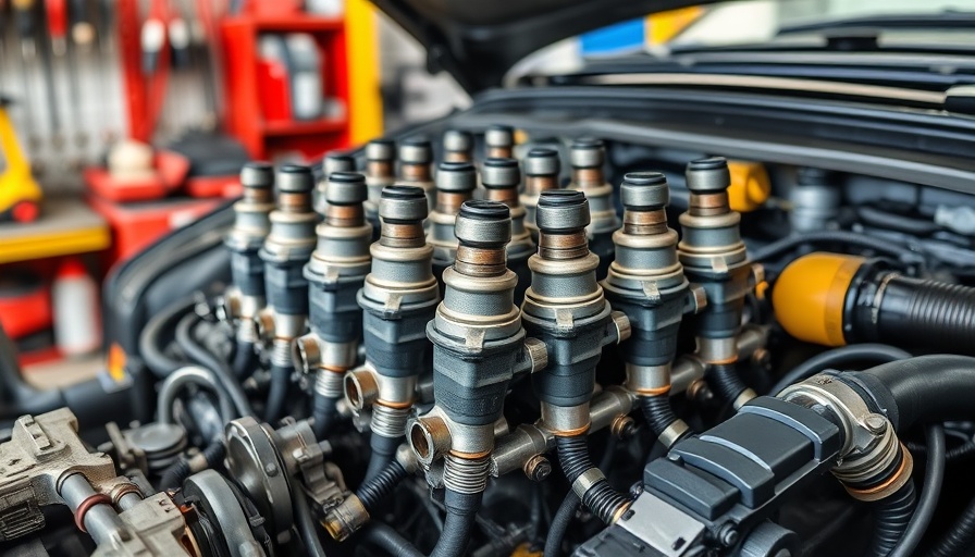 Car engine injector system in a garage setting, showing detailed components.