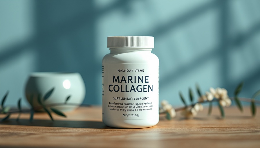 Marine collagen supplement container close-up on wood surface.