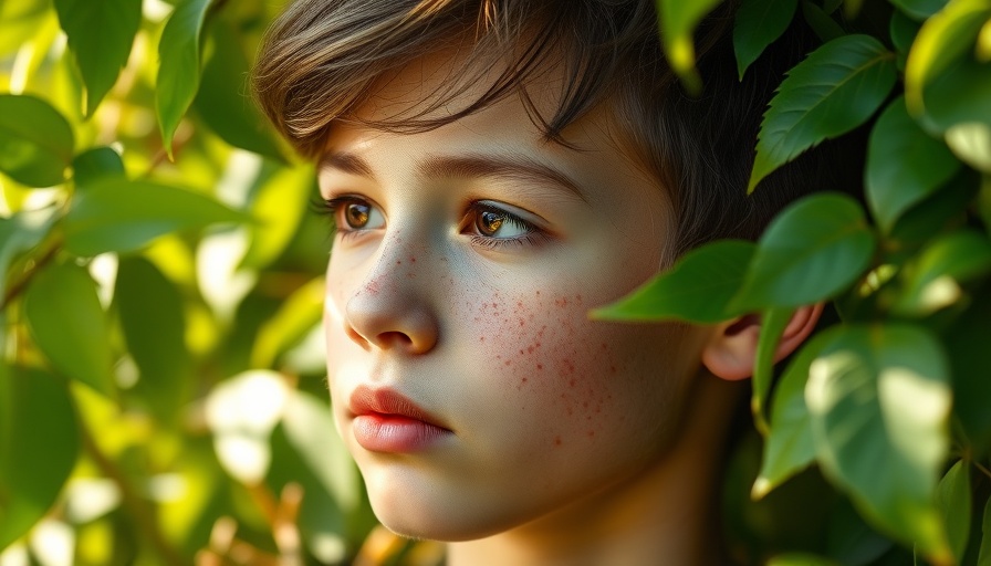 Young person with acne in serene natural setting.