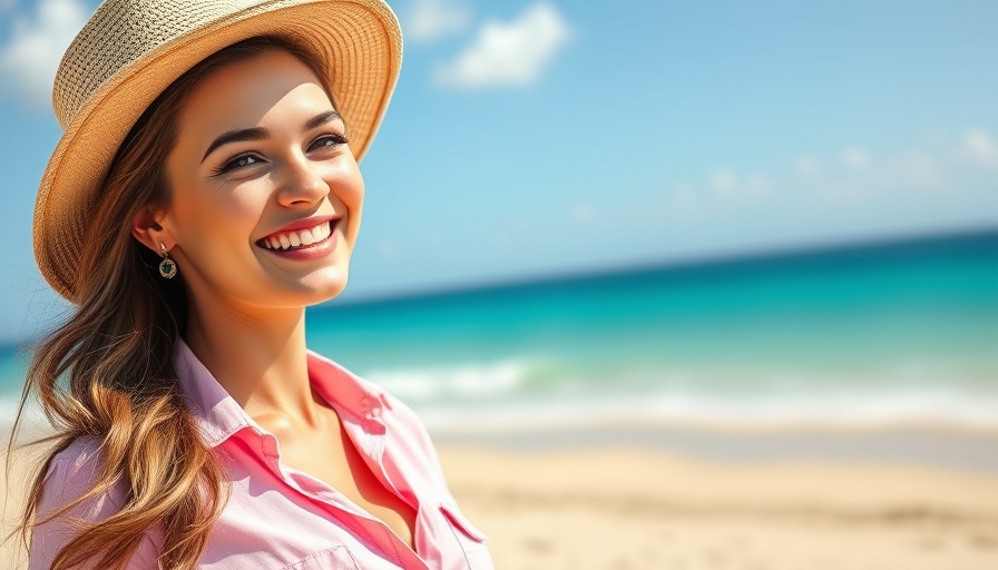 Young woman in pink shirt and hat enjoying the beach. Treatment Options for Hyperhidrosis.