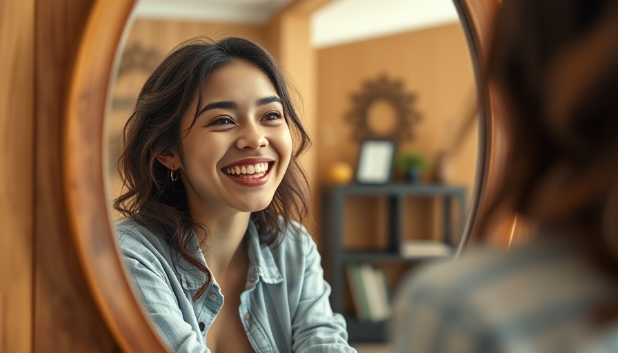 Smiling woman in mirror illustrating cosmetic surgery's mental health benefits.