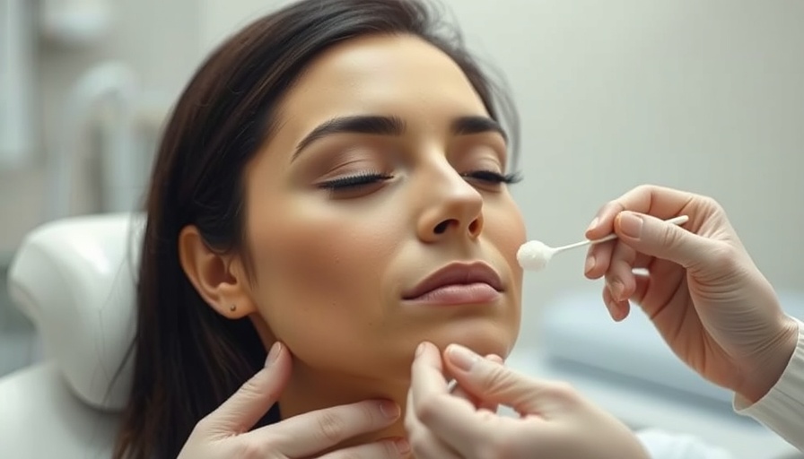 A woman receives a cosmetic dermatology treatment in a serene clinic setting.