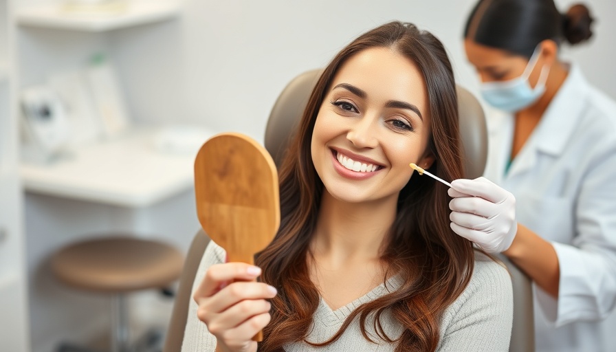 Woman receiving aftercare for Restylane injections, holding mirror