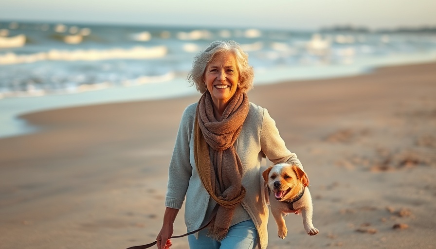 Woman walking on beach with dog for weight loss tips.