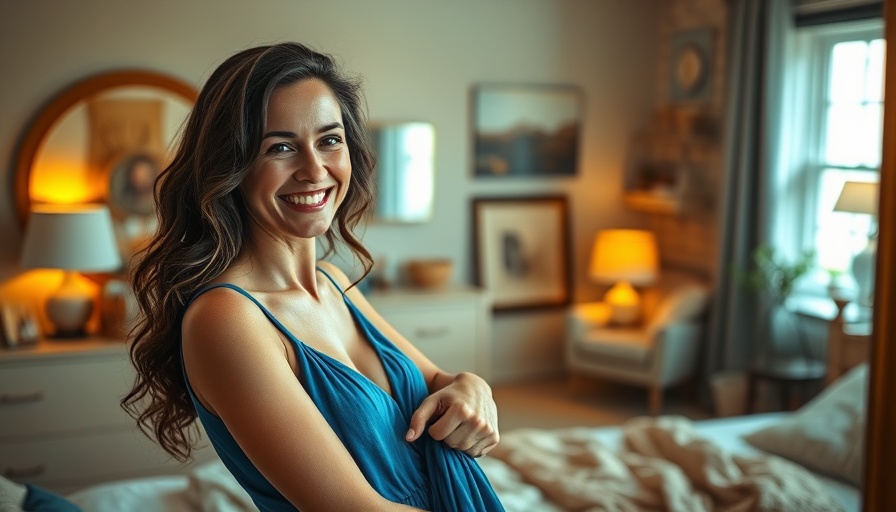 Smiling woman deciding when to buy new clothes after losing inches, holding a dress.