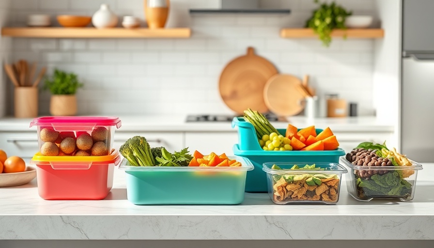 Colorful meal prep containers for weight loss on kitchen counter.