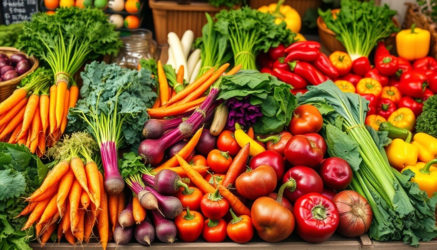 Colorful seasonal produce at market, promoting health.