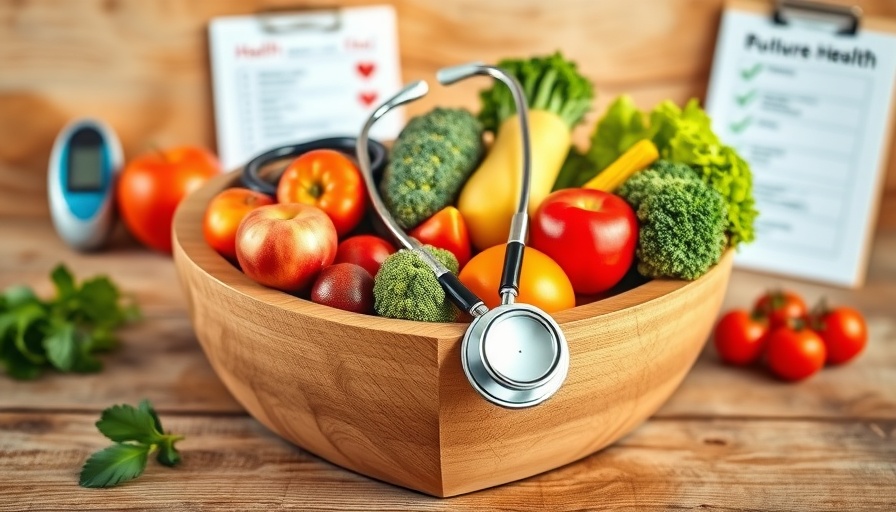Heart-shaped bowl with fruits, stethoscope promoting preventive health.