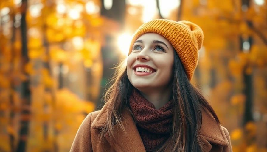 Joyful woman enjoying autumn outdoors, embracing healthy October habits.