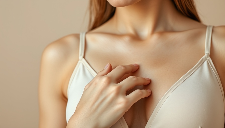 Close-up of a woman touching her chest in a beige bra, post-surgery concept for breast explant.